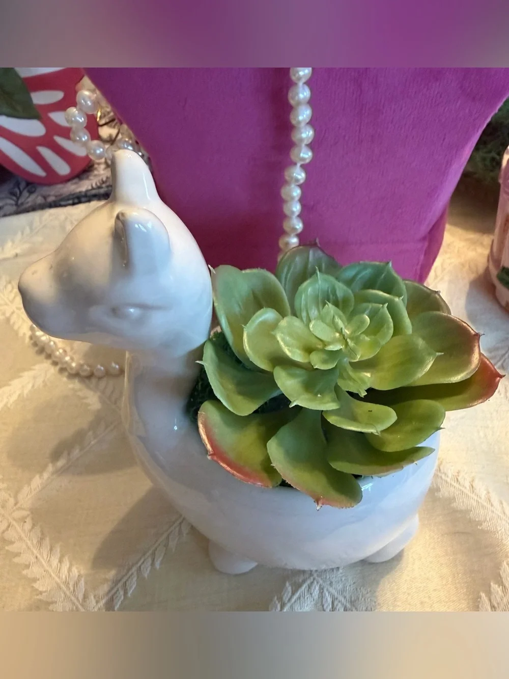 Handcrafted White Ceramic Llama Planter with Faux Green Succulent